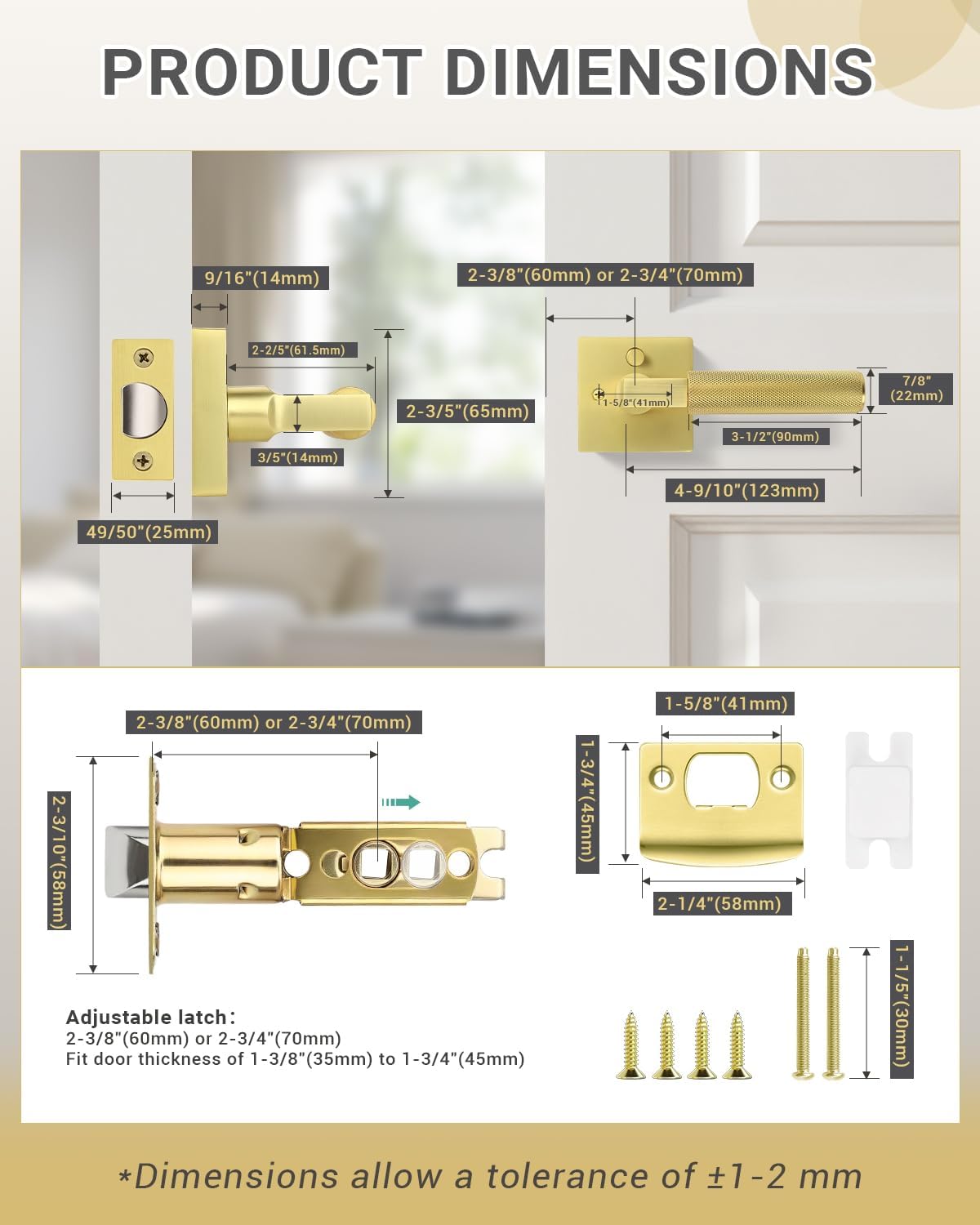 KNOBWELL 1 Pack Gold Door Handle Square Doorknob with Lever Interior Door Lever for Bed and Bath (Push Button)